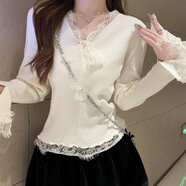 矜持范毛衣女針織衫女秋冬季2025新款法式蝴蝶結(jié)V領(lǐng)長(zhǎng)衫拼接內(nèi)搭上衣 杏色 M 90-105