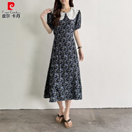 皮爾卡丹（pierre cardin）蕾絲娃娃領(lǐng)棉綢碎花連衣裙女夏2025獨特絕美人造棉掐腰顯瘦長(cháng)裙子 深藍色碎花 3XL 適合90-115斤