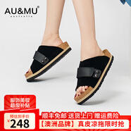 AU&MU春夏季牛皮勃肯鞋女復古魔術貼一字拖軟木厚底增高外穿沙灘涼鞋男 G986黑色-男女款【絨面牛皮】 37