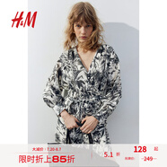 H&M女裝花卉連衣裙夏季V領(lǐng)燈籠袖腰部系帶微喇短裙連身裙1229402 白色/灰色花朵 170/116