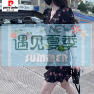皮爾卡丹（pierre cardin）2025年夏季韓版洋氣v領(lǐng)荷葉邊短袖裙子收腰顯瘦印花短裙連衣裙女 黑色 M 建議95-105斤