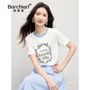 伯西亞（BORCHIARL）品牌定制短袖T恤女2025夏季撞色圓領休閑印花棉質(zhì)小眾設計上衣 陶瓷白 S