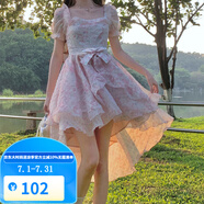 梵奧格（FANAOGE）生日穿在逃公主法式連衣裙公主風(fēng)燕尾方領(lǐng)蓬蓬裙前短后長拖尾可愛 圖片色4 粉色燕尾版 S