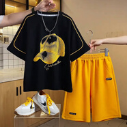 G.duck特價(jià)小黃鴨童裝男童夏裝新款痞帥短袖潮流套裝 黑黃套裝 120 cm