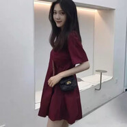 LMVXRM夏韓版孕婦連衣裙顯腿長的A字短款娃娃裙港味復(fù)古短袖 酒紅色 S