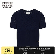 Teenie Weenie小熊春夏鏤空鉤花泡泡袖套頭短款時髦毛衣針織衫女裝 藏青色 S 160