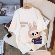 一寸相思拉布布聯(lián)名白色短袖t恤女2025新款爆款夏季寬松大碼體恤純棉上衣 白色-labubu款 3XL (165-180斤）