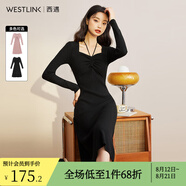 西遇針織連衣裙女2024年春季新款顯瘦打底掛脖長(cháng)袖中長(cháng)款收腰小裙子 黑色 M