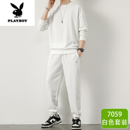 花花公子（PLAYBOY）高端長(zhǎng)袖套裝男士T恤休閑一套衣服春秋季潮流純色寬松秋裝體恤 白色 M