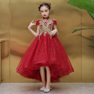 勤馳兒童禮服公主裙女童蓬蓬紗花童小孩主持晚禮服鋼琴演出服走秀夏季 酒紅色短袖前短后 100cm 均碼