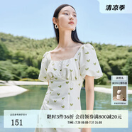 迪賽尼斯（DESIGNICE）顯瘦裙子夏季新款印花燈籠袖長裙方領(lǐng)短袖連衣裙女 果綠 M