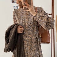 啄木鳥(niǎo)韓國2025秋季復古優(yōu)雅圓領(lǐng)滿(mǎn)屏碎花抽繩系帶收腰壓褶泡泡袖連衣裙 咖色 均碼