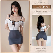 黛綢情趣內衣性感荷葉邊睡裙誘惑裝qny衣服免脫qqny戰袍 鄰家姐姐白+灰【露肩吊帶裙+T褲 均碼 【建議體重80-12b