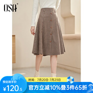 歐莎（OSA）【復(fù)古印象】咖色高腰千鳥(niǎo)格半身裙女秋季新品遮胯顯瘦a字裙 咖色格子 S