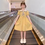 FIDQIOG國際潮牌韓國女童連衣裙夏裝2025新款洋氣兒童中大童夏季女孩短袖 黃色 120 cm