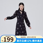 艾萊依商場(chǎng)同款新款系帶蝴蝶結(jié)法式氣質(zhì)連衣裙時(shí)尚百搭顯瘦長(zhǎng)裙子 黑底色花 M 160/84A