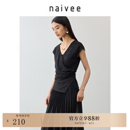 納薇（naivee）萊賽爾新中式V領提花T恤女兩片式交疊花鳥提花小衫收腰顯瘦 黑色 XL