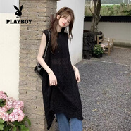花花公子（PLAYBOY）韓版甜美蕾絲鏤空針織背心連衣裙女疊穿開叉薄款時(shí)尚外搭罩衫夏 黑色 L 110一120斤