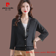 皮爾卡丹（pierre cardin）品牌夏季新款寬松上衣針織衫女洋氣顯瘦薄款短袖桑蠶絲開(kāi)衫空調衫 黑色 M