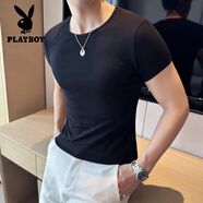 花花公子（PLAYBOY）圓領短袖t恤男夏季高品質(zhì)百搭修身彈力半袖打底體恤休閑時尚上衣 黑色 圓領 M (90-105斤)