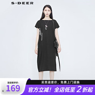 S.DEER 2020夏季新品印花飄帶蝙蝠袖連衣裙S20281265 黑色/91 XL/175