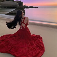 沐霓海邊度假沙灘裙女法式復古氣質(zhì)吊帶連衣裙子夏天長(cháng)裙禮服裙 磚紅色 均碼【適合90-120斤】 均碼 (165)