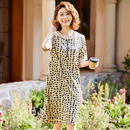 帕絲特夏裝連帽抽繩休閑印花媽媽裝中老年女裝短袖連衣裙 米色  2XL