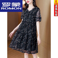 羅蒙（ROMON）真絲連衣裙胖媽媽夏裝大尺碼短袖新款寬松遮肚子顯瘦款洋氣大擺裙 XL 建議115-130斤