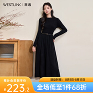 西遇長(cháng)款黑色連衣裙女2024年冬季新款老錢(qián)風(fēng)腰部V字型設計裙子 黑色 L