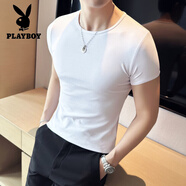 花花公子（PLAYBOY）圓領(lǐng)短袖t恤男夏季高品質(zhì)百搭修身彈力半袖打底體恤休閑時尚上衣 白色 圓領(lǐng) M (90-105斤)