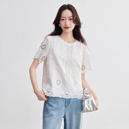 尚都比拉（Sentubila）短袖t恤女夏季新款通勤圓領(lǐng)寬松顯瘦鏤空繡花肌理上衣 白色 M (95-105斤)