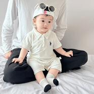 YUETA嬰兒連體衣夏季薄款嬰幼兒Polo短袖哈衣包屁衣百搭男寶寶夏裝衣服 白色短爬 66cm