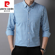 皮爾卡丹（pierre cardin）高檔襯衫男士長(zhǎng)袖純棉格子商務(wù)休閑中年扣領(lǐng)襯衣免燙春秋上衣 Y23013 藍(lán)色   39