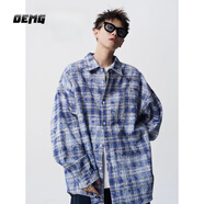 OEMG  潮牌扎染格紋長袖襯衫男士秋季vibe工裝小眾高街情侶休閑衣外套 藍(lán)色 XL [建議110-130斤]