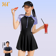 361°泳衣女連體保守遮肚裙式游泳衣性感新款時(shí)尚顯瘦大碼溫泉泳衣外穿 紫黑色 XL （建議體重55kg-60kg）