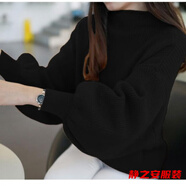 瑪菲萱半高領(lǐng)短款燈籠袖大碼套頭毛衣女韓版加厚寬松泡泡袖針織蝙蝠衫 黑色 2XL