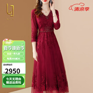 OLJ高檔品牌連衣裙女2025年夏季新款氣質(zhì)重工繡花網(wǎng)紗鑲鉆刺繡裙子 紅色 M