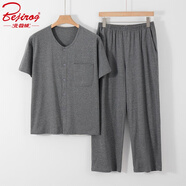 北極絨夏季薄款圓領(lǐng)開(kāi)衫短袖長(zhǎng)褲套裝中老年純棉家居服睡衣男士半袖T恤 深麻灰（短袖+長(zhǎng)褲） XL （建議100-120斤）
