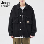 JEEP SPIRIT潮流時(shí)尚牛仔外套春秋款男休閑寬松美式街頭黑色夾克翻領(lǐng)長(cháng)袖 黑色 【大容量口袋】 S 90-100斤