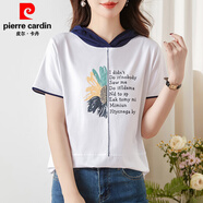 皮爾卡丹（PIERRE CARDIN）純.棉短袖t恤女裝2025年新款夏季寬松洋氣上衣帶帽半袖體恤衫 白色 XL
