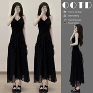 FOX.G黑色吊帶連衣裙新品裙子女夏季2025新款衣服女裝法式純欲沙灘裙 黑色褶皺荷葉邊吊帶裙 S 【建議90斤以內(nèi)】