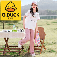 G.DUCKKIDS女童夏裝套裝2024新款女大童裝夏季洋氣運動闊腿褲女孩短袖兩件套 粉色 150