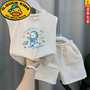 G.DUCKKIDS夏裝新款男童背心套裝小童寶寶夏天衣服兒童無袖短褲夏季兩件套 冰絲坎肩套裝杏色【太空女孩】 100碼(建議22-30斤)
