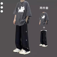 趣物兜港風(fēng)寬松短袖t恤男士夏季套裝青少年痞帥男裝一套穿搭學(xué)生兩件套 【2件裝】A206純棉T恤深灰+K131 S