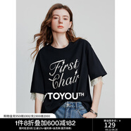 初語(yǔ)立體字母圓領(lǐng)T恤女2025夏季新款拼接蕾絲短袖寬松棉質(zhì)上衣 黑色 M