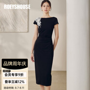 ROEYSHOUSE羅衣氣質(zhì)一字領(lǐng)刺繡連衣裙2025夏季新款優(yōu)雅針織修身中長裙12347 黑色 M