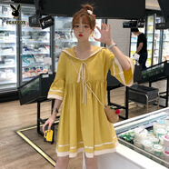 花花公子（PLAYBOY）連衣裙夏季學生學院風小個子韓版寬松海軍領喇叭袖可愛甜美胖妹妹 黃色 M