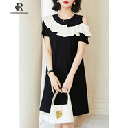 clotho Rennie品牌女裝連衣裙女夏新款2025年韓版氣質(zhì)優(yōu)雅遮肚子顯瘦露肩A字裙 黑色 M