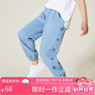 ASK JUNIOR女童褲子2025夏中大童長褲時尚印花柔軟兒童牛仔褲 藍色 140