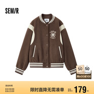 森馬（Semir）外套女刺繡拼接撞色寬松夾克2024冬季仿毛呢棒球服109724108004